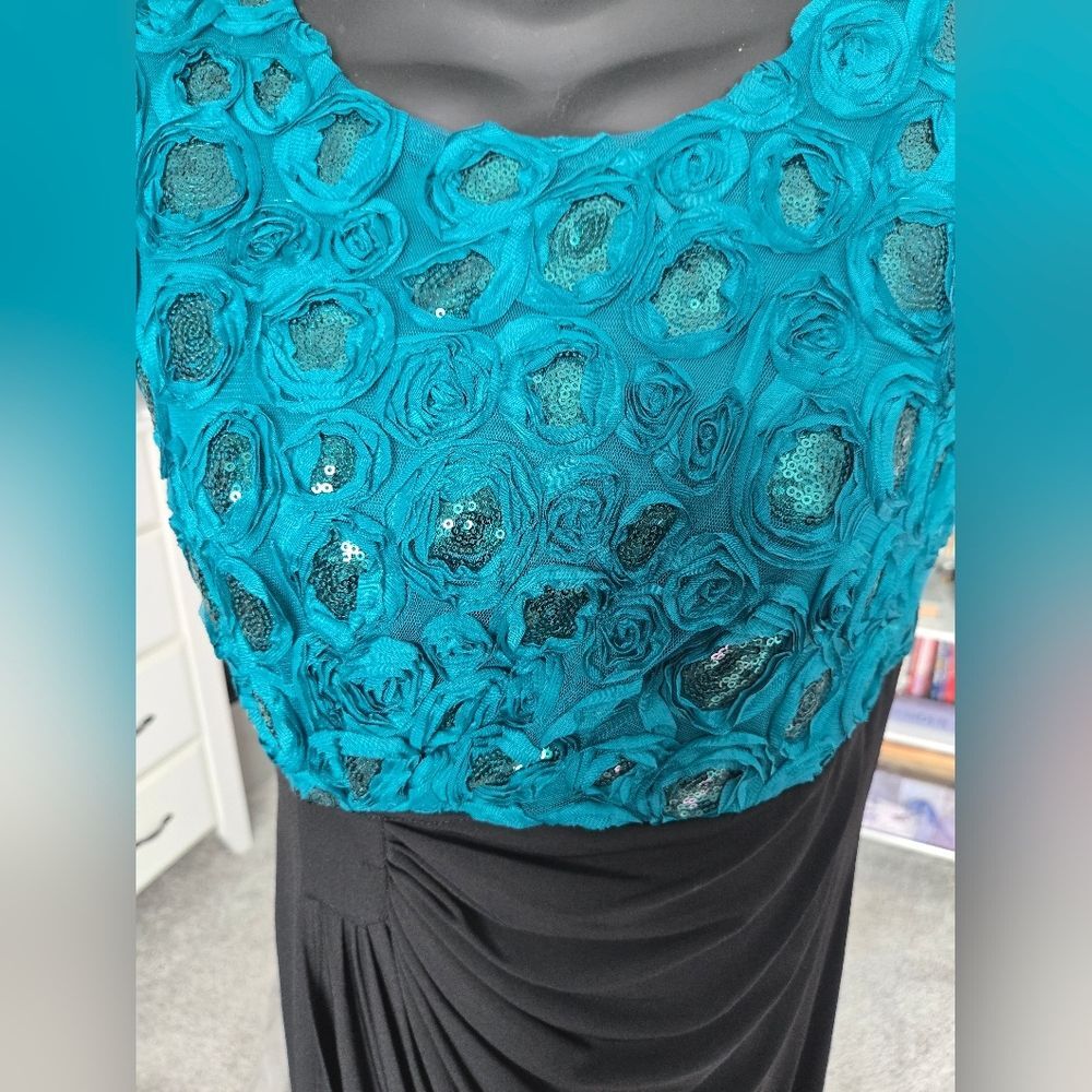 Marc New York Teal Rosette Ruched Maxi Dress Gown Size M | Formal Evening